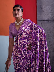 Purple Cotton Crepe Geometrical Printed Saree