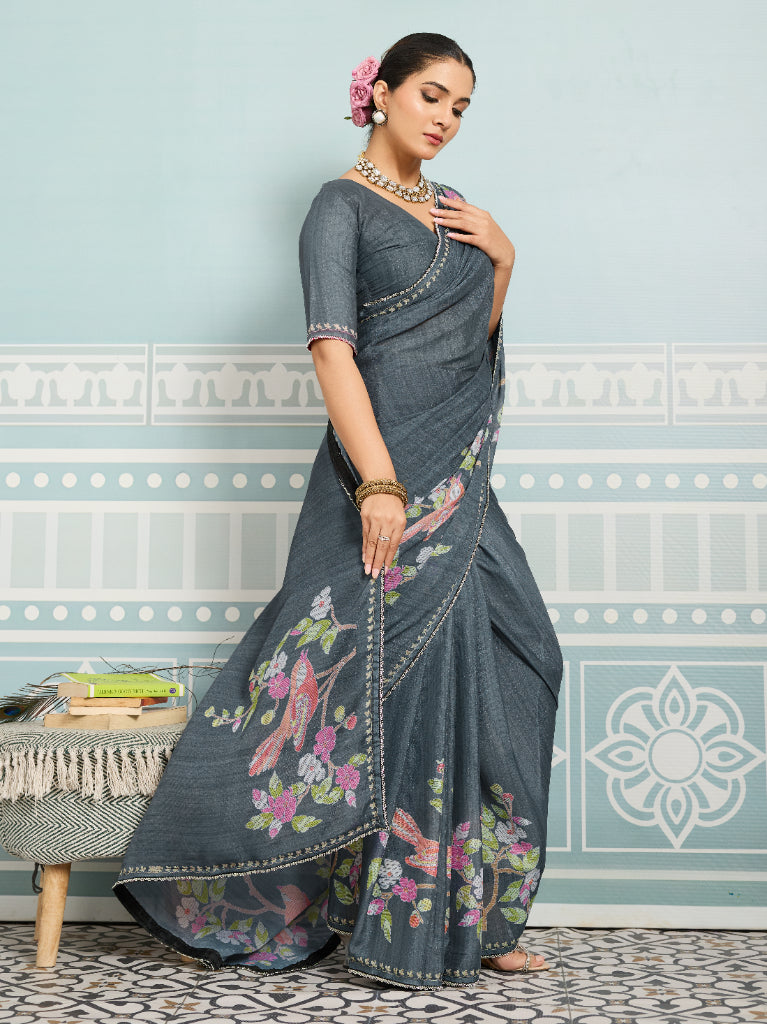 Grey Sparkle Georgette Printed Saree with Beaded Border