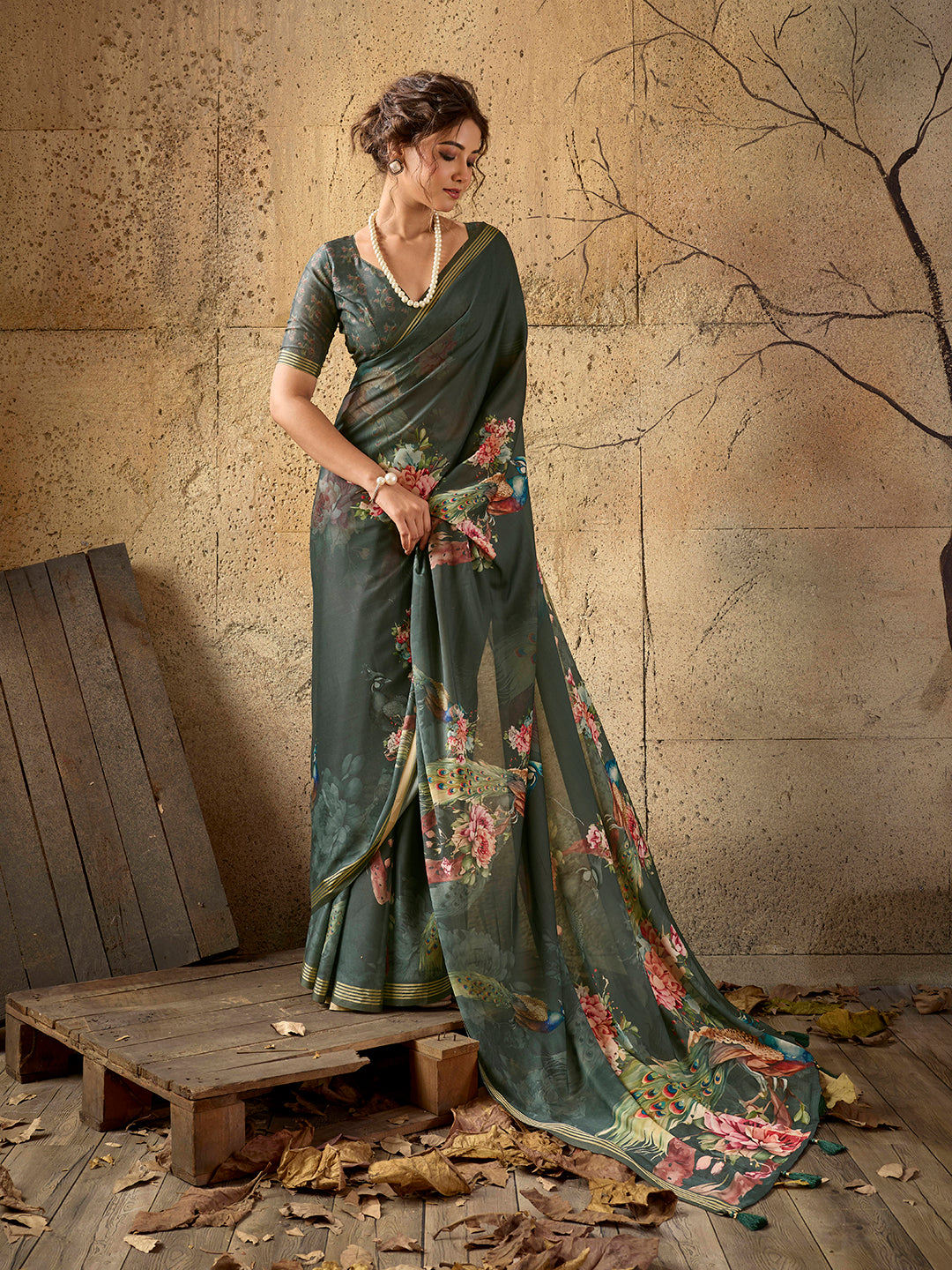 Dark Green Georgette Floral Printed Saree
