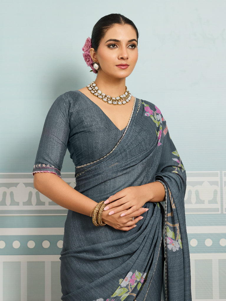 Grey Sparkle Georgette Printed Saree with Beaded Border