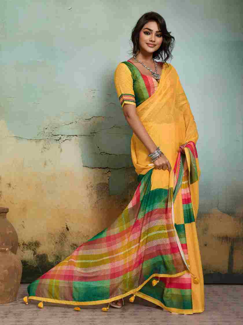 Yellow Jacquard Geometrical Printed Saree sedora couture
