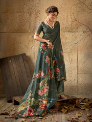 Dark Green Georgette Floral Printed Saree