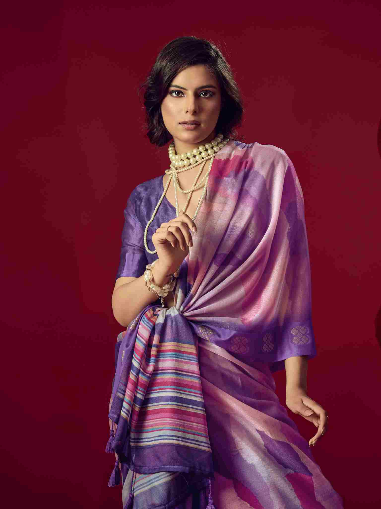 Purple Jacquard Printed Saree with Unstitched Blouse