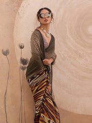 Brown Georgette Floral Printed Saree