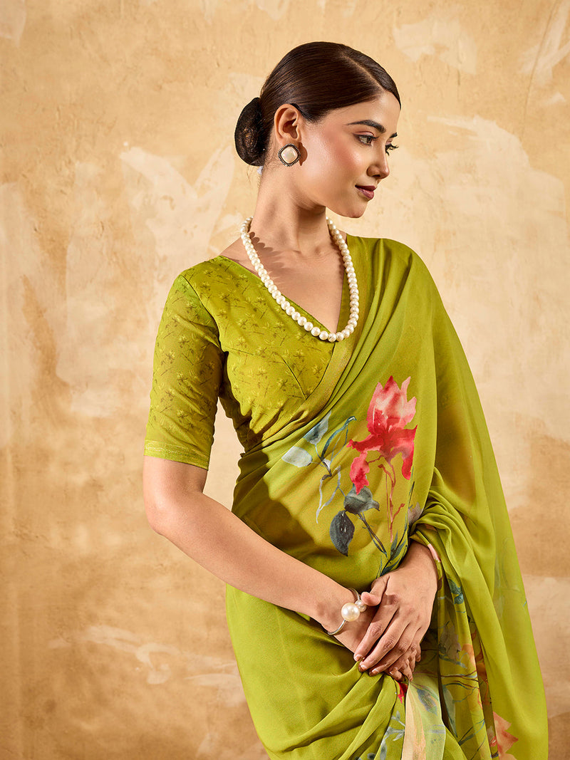 Green Geogette Floral Printed Saree sedora couture
