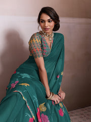 Green Georgette Floral Printed Saree