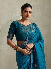 Teal Blue NC Moss Saree with Embroidered Border