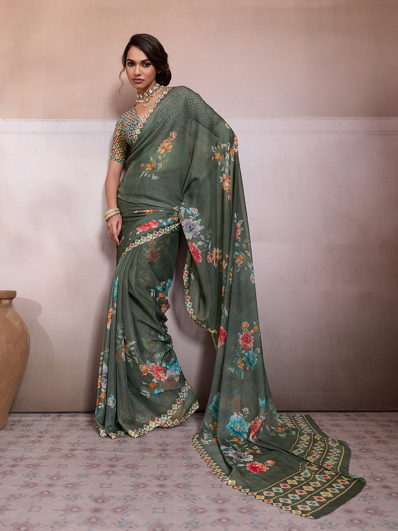 Mehndi Georgette Floral Printed Saree sedora couture