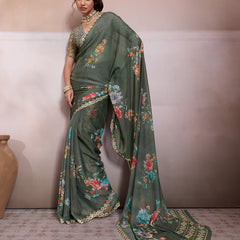 Mehndi Georgette Floral Printed Saree sedora couture