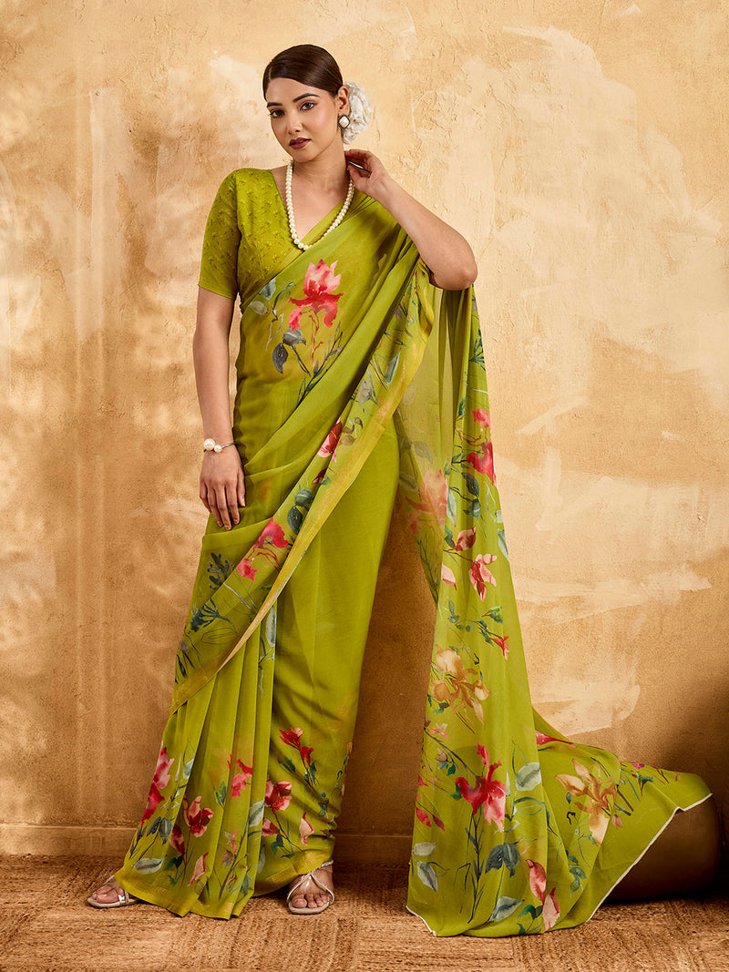 Green Geogette Floral Printed Saree sedora couture