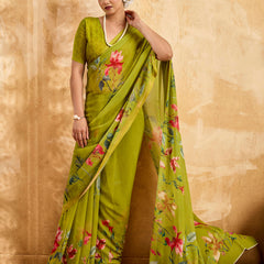 Green Geogette Floral Printed Saree sedora couture