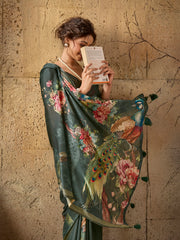 Dark Green Georgette Floral Printed Saree
