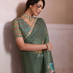 Mehndi Georgette Floral Printed Saree sedora couture