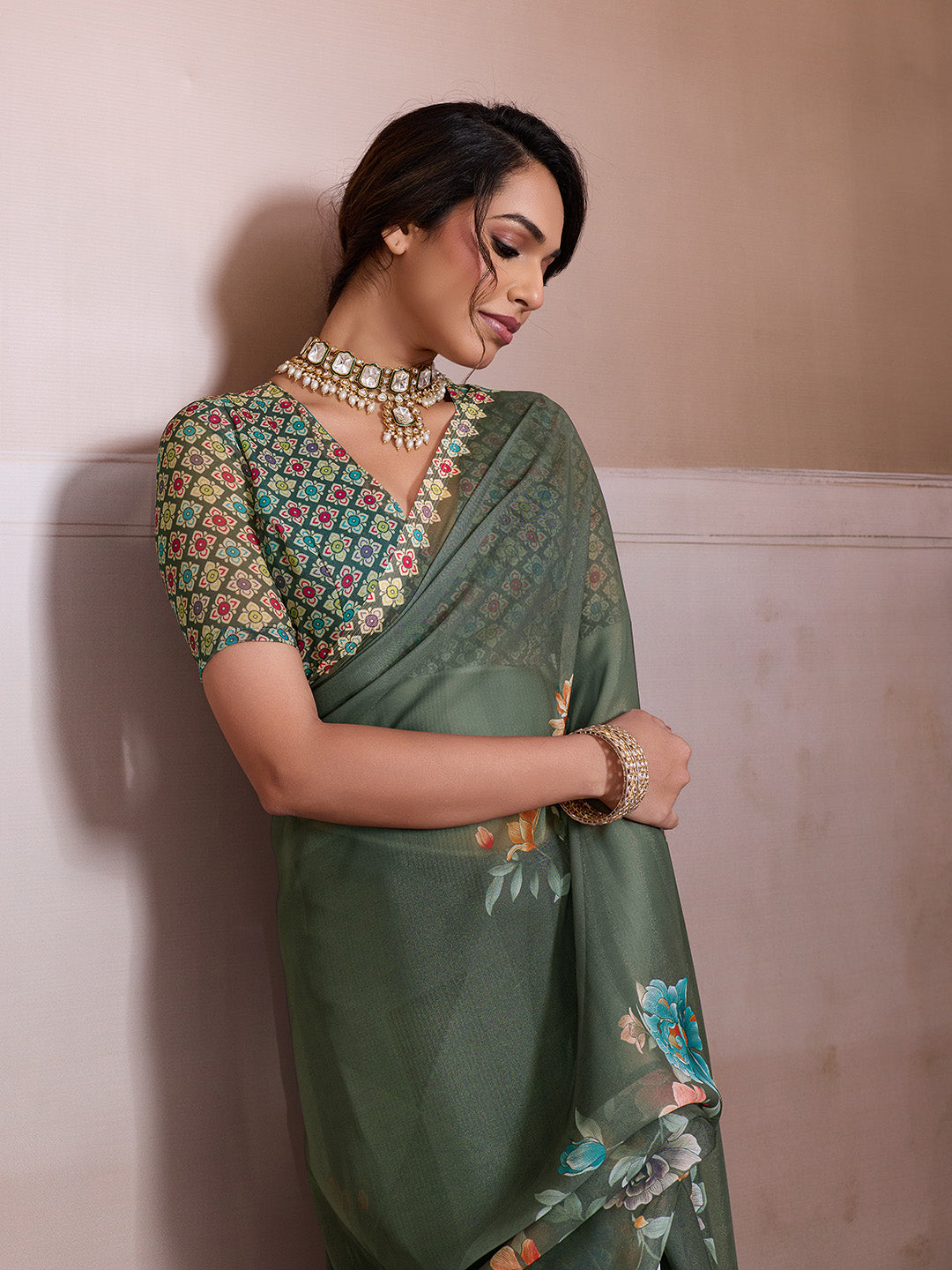 Mehndi Georgette Floral Printed Saree