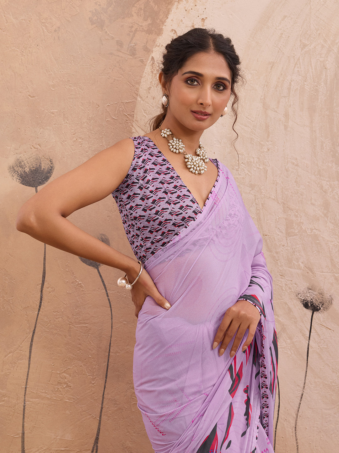 Lavender Georgette Floral Printed Saree