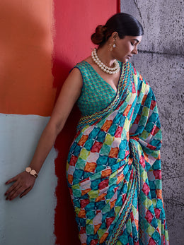 Multi-Colour Cotton Crepe Geometrical Printed Saree