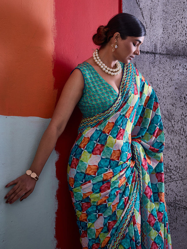 Multi-Colour Cotton Crepe Geometrical Printed Saree sedora couture