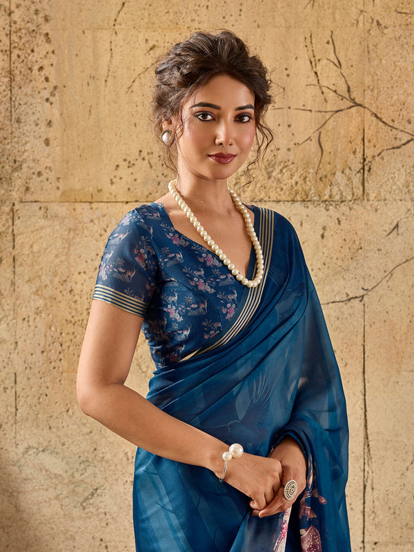 Blue Georgette Floral Printed Saree sedora couture
