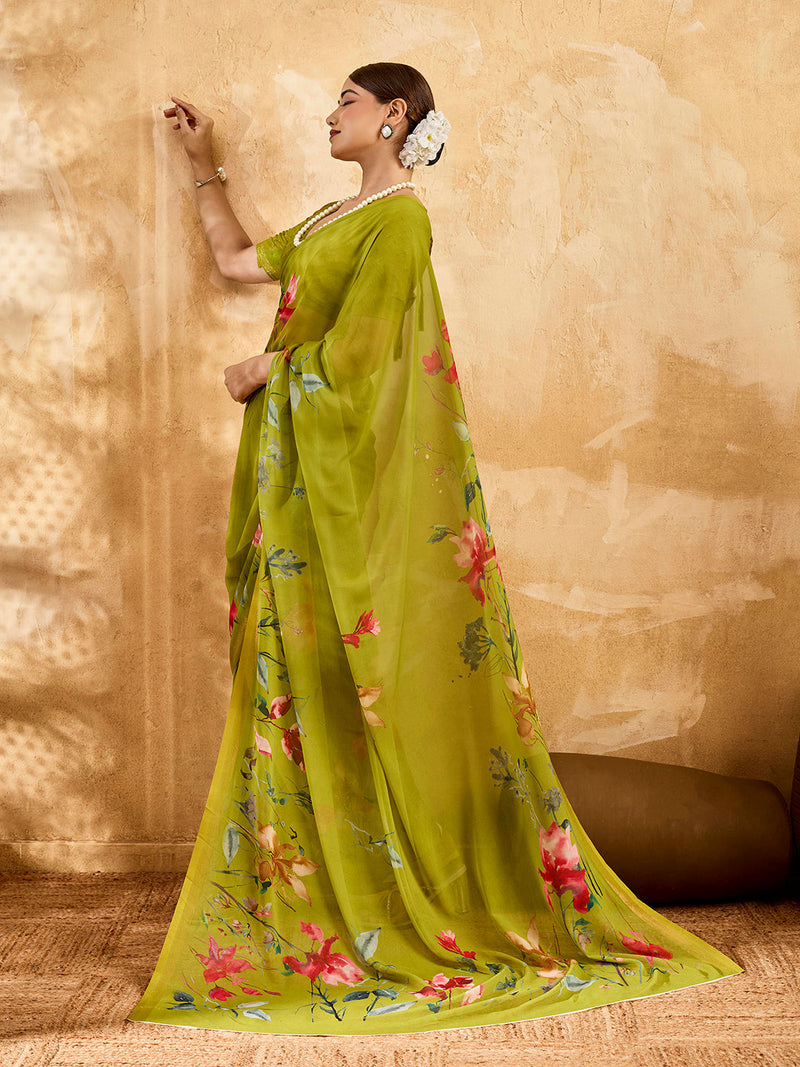 Green Geogette Floral Printed Saree sedora couture