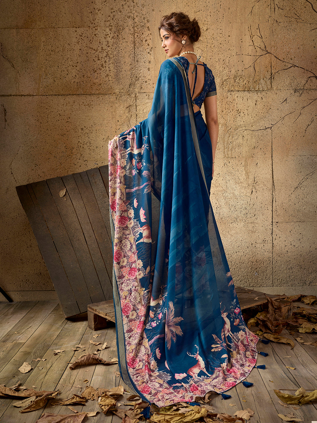 Blue Georgette Floral Printed Saree
