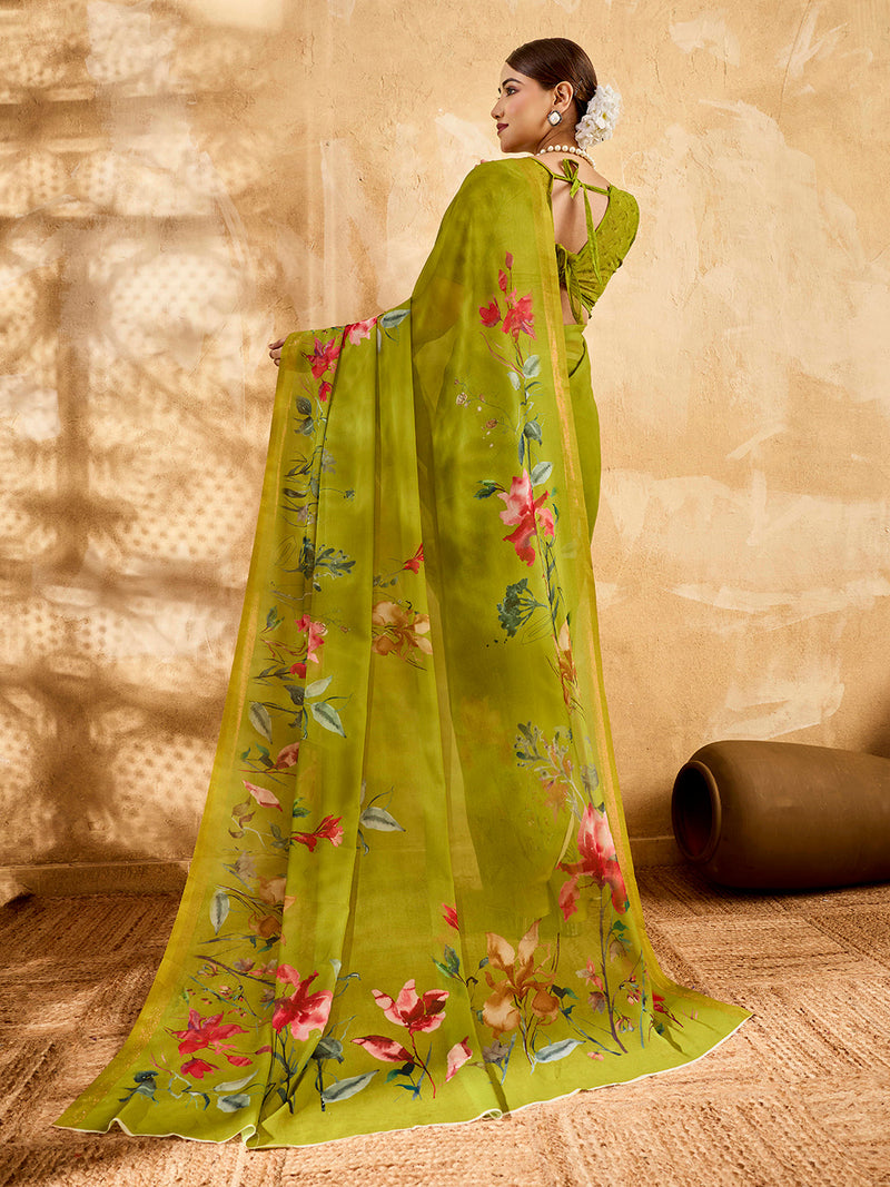 Green Geogette Floral Printed Saree sedora couture