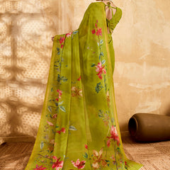 Green Geogette Floral Printed Saree sedora couture