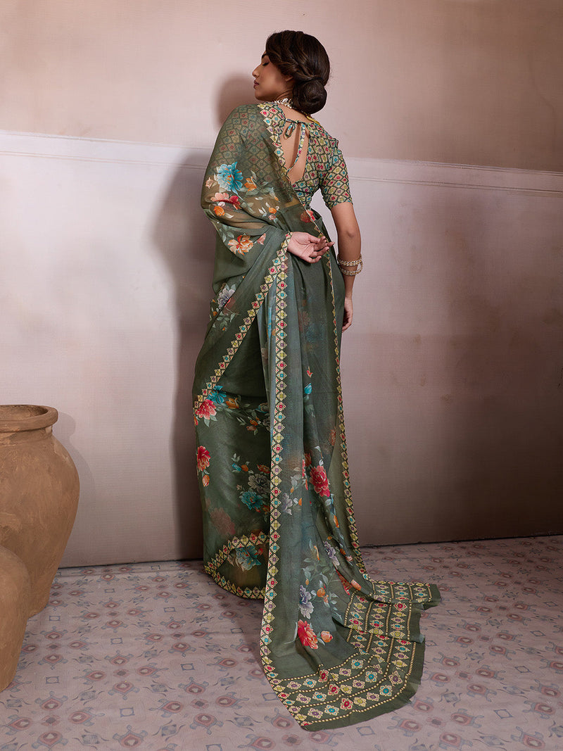 Mehndi Georgette Floral Printed Saree sedora couture