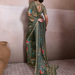 Mehndi Georgette Floral Printed Saree sedora couture