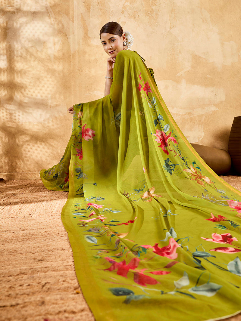 Green Geogette Floral Printed Saree sedora couture