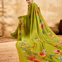 Green Geogette Floral Printed Saree sedora couture
