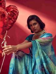 Blue Jacquard Printed Saree with Unstitched Blouse