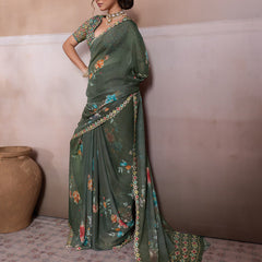 Mehndi Georgette Floral Printed Saree sedora couture
