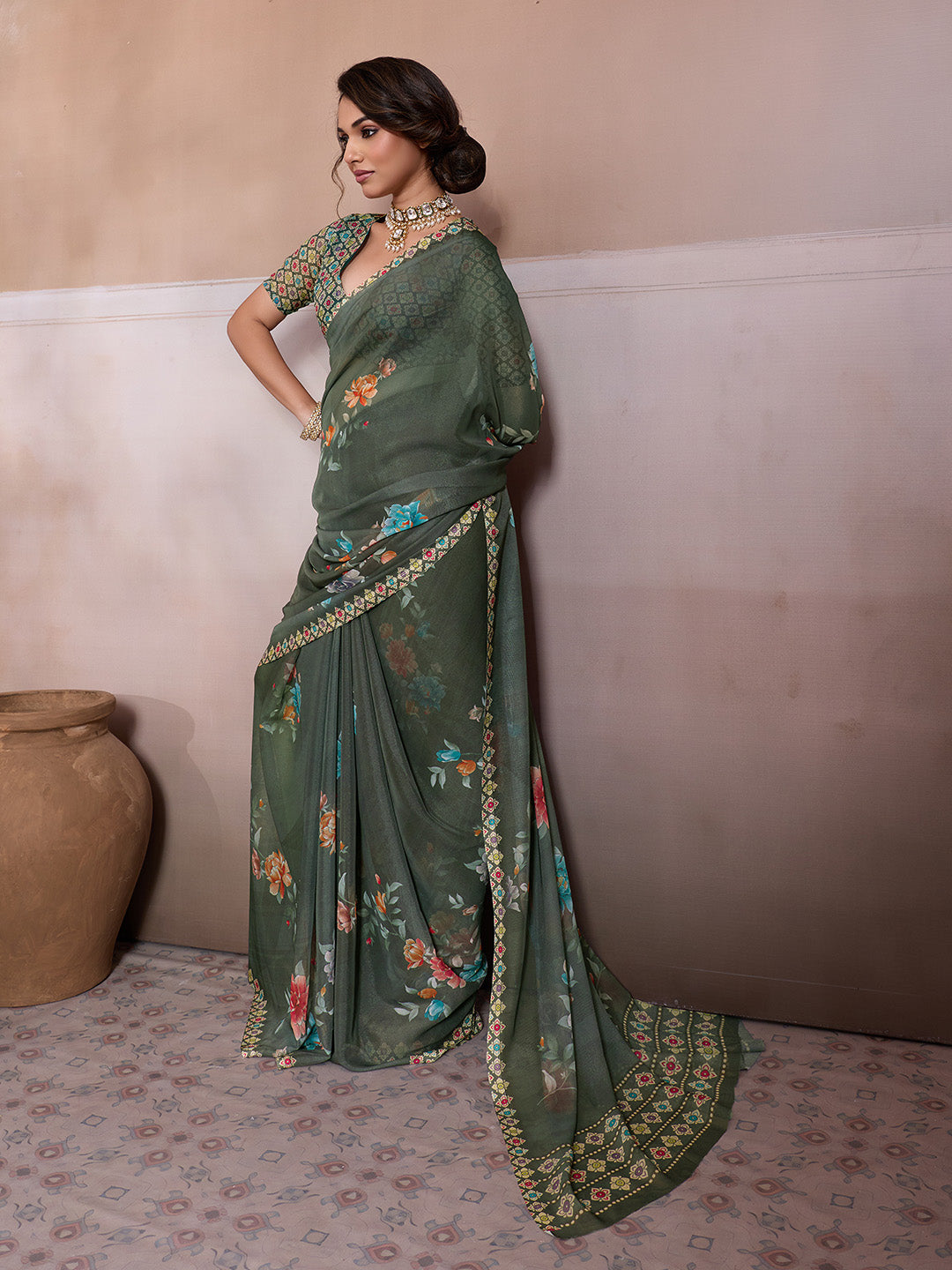 Mehndi Georgette Floral Printed Saree