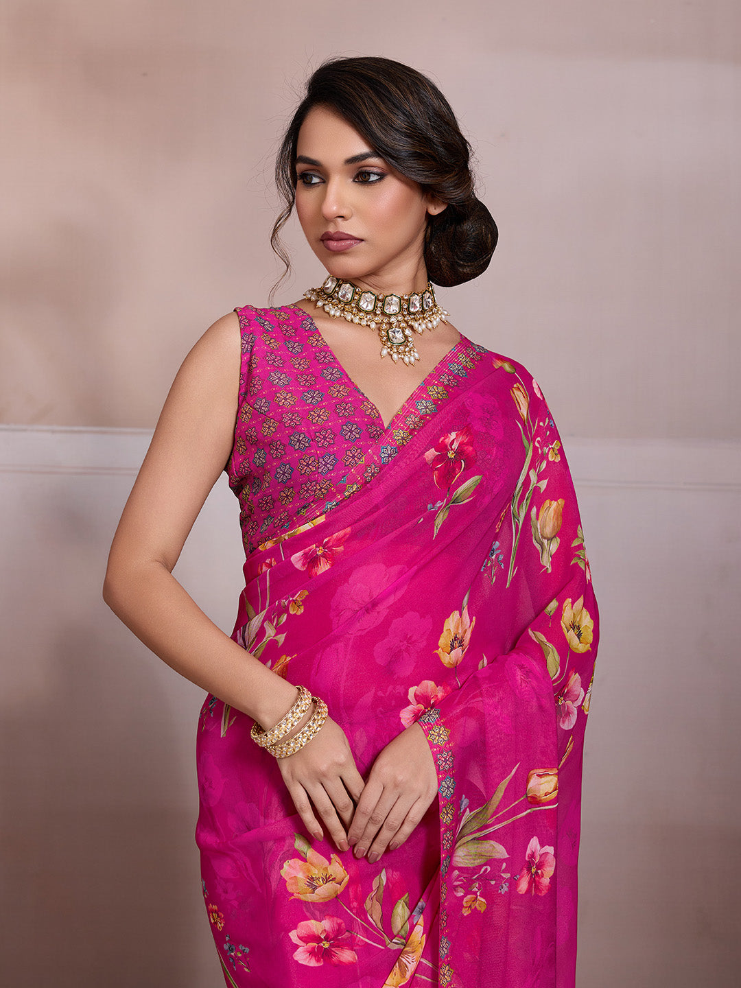 Pink Georgette Floral Printed Saree