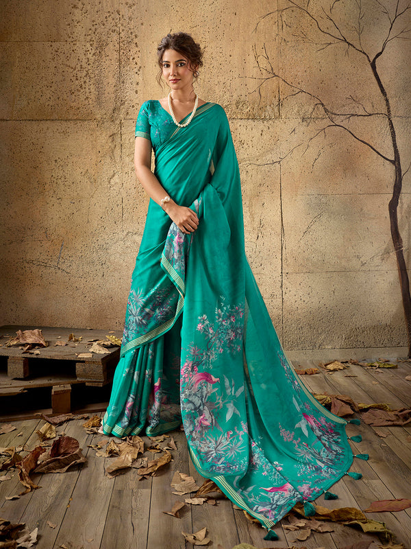 Green Georgette Floral Printed Saree sedora couture