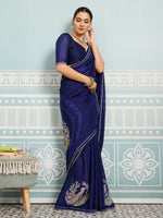 Navy Blue Sparkle Georgette Printed Saree with Beaded Border sedora couture