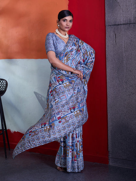 Blue Cotton Crepe Geometrical Printed Saree sedora couture