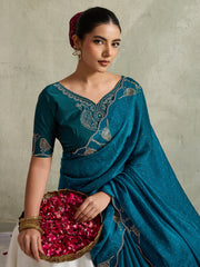 Teal Blue NC Moss Saree with Embroidered Border