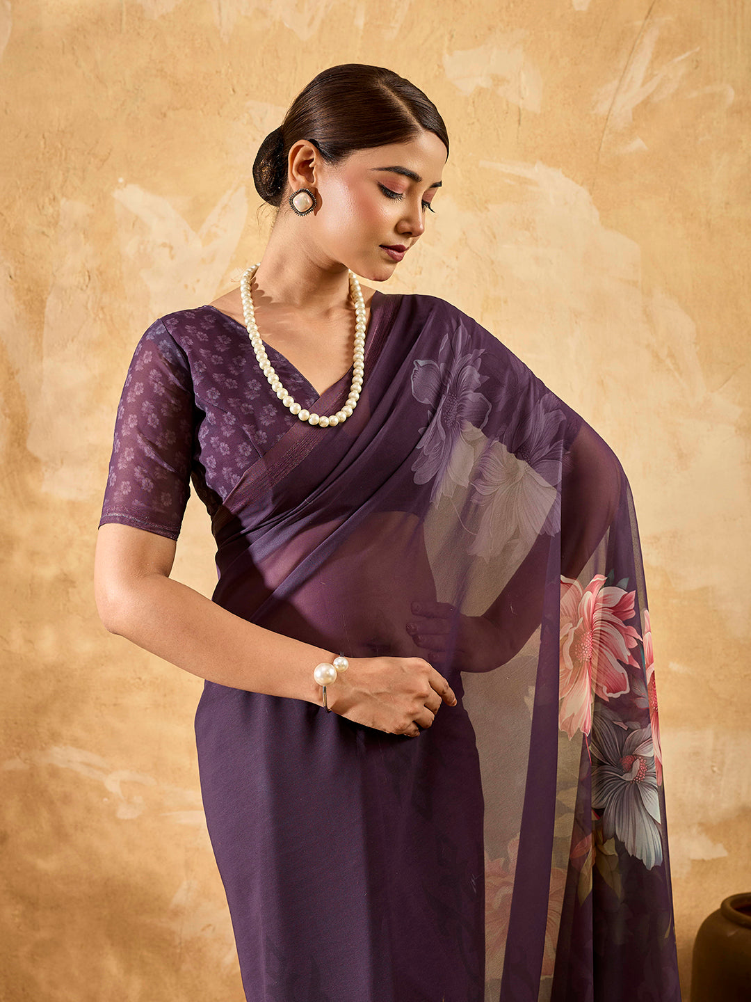 Purple Geogette Floral Printed Saree