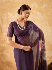 Purple Geogette Floral Printed Saree