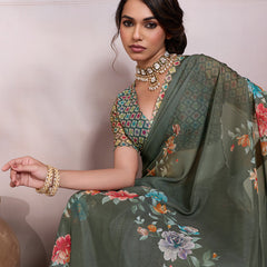 Mehndi Georgette Floral Printed Saree sedora couture