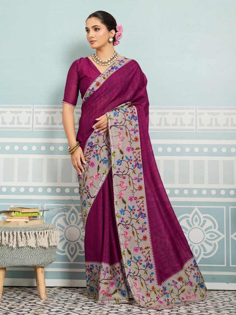 Dark Pink Sparkle Georgette Printed Saree with Beaded Border