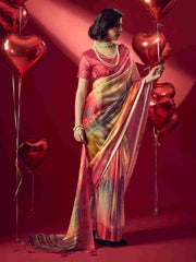 Yellow Jacquard Printed Saree with Unstitched Blouse