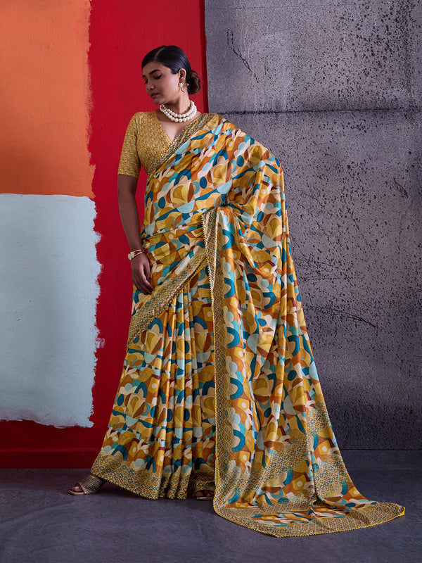 Mustard Cotton Crepe Geometrical Printed Saree sedora couture