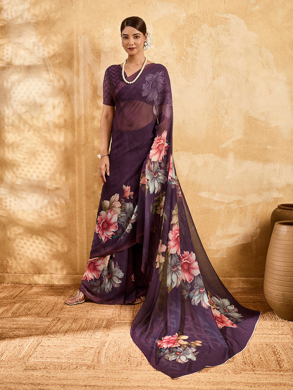 Purple Geogette Floral Printed Saree sedora couture