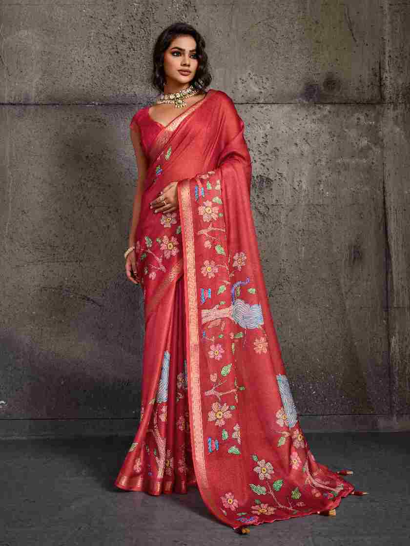 Red Moss Figure Printed Saree