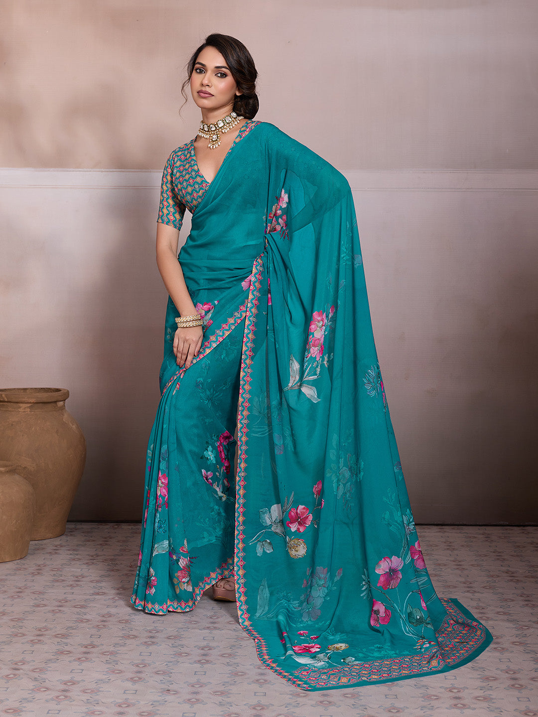 Green Georgette Floral Printed Saree