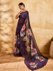 Purple Geogette Floral Printed Saree