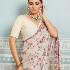 Off-White Sparkle Georgette Printed Saree with Beaded Border sedora couture