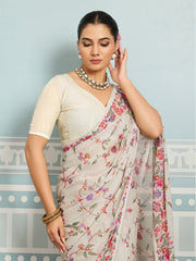 Off-White Sparkle Georgette Printed Saree with Beaded Border sedora couture